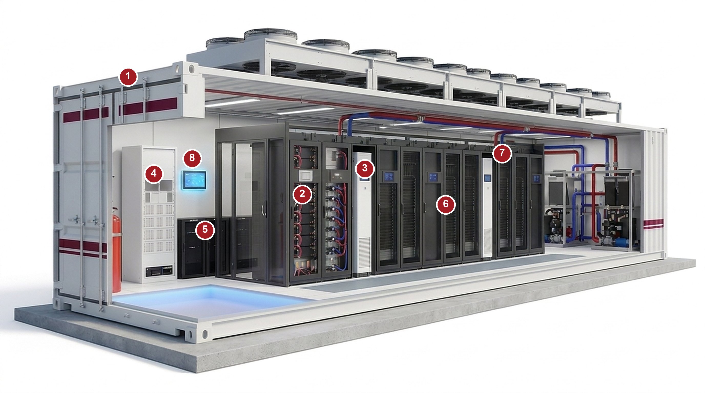 Cutaway anatomy of a FIBER OCEAN liquid-cooled AI data center container: modular UPS and battery bay, contained row of liquid-cooled server cabinets with coolant distribution units, pump and piping bay, rooftop dry coolers, monitoring touchscreen and fire-suppression cabinet, with numbered callouts matching the table below
