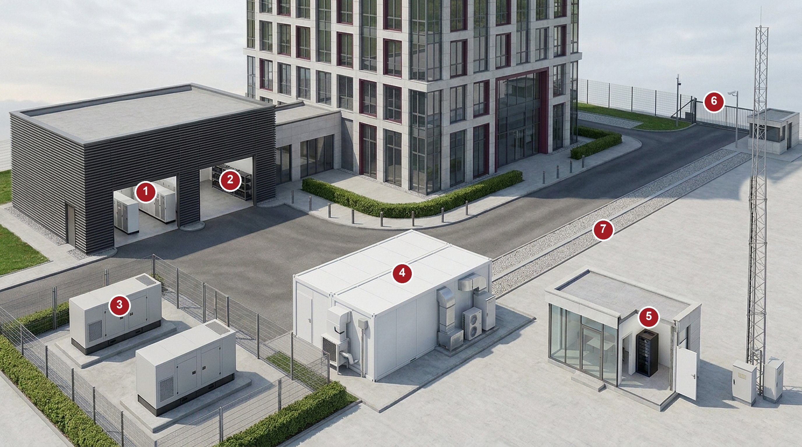 Anatomy of a FIBER OCEAN banking estate: UPS room and battery bay in the technical annex, super-silent generator yard, modular data center core, branch building with its equipment cabinet, communications mast, buried fiber route and secured perimeter with gatehouse and camera, with numbered callouts matching the table below