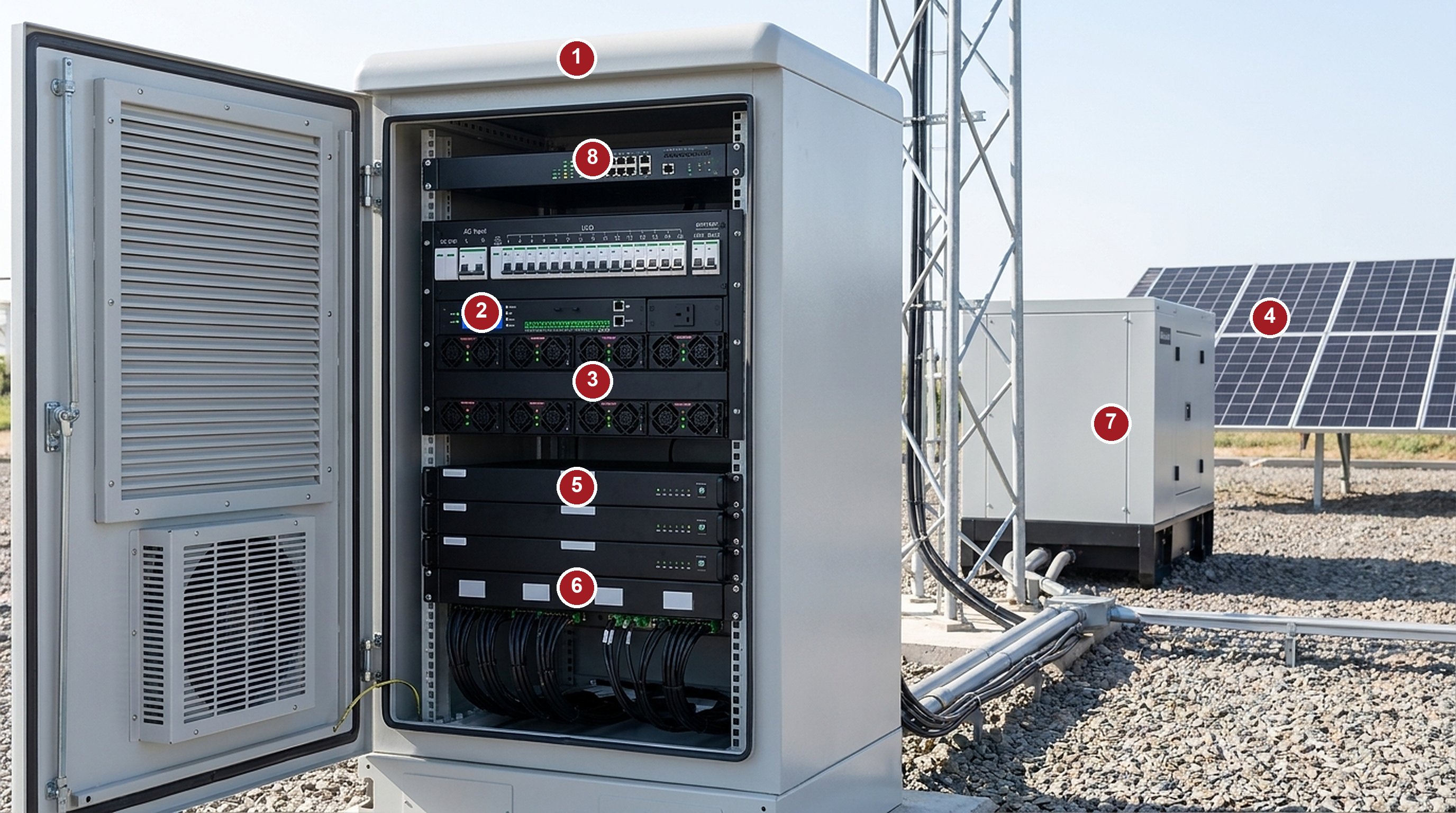 Anatomy of a FIBER OCEAN converged power site: open outdoor cabinet showing the supervision unit, converged rectifier and MPPT core, inverter modules and lithium battery shelf, with the door-mounted air conditioner, beside the solar array on galvanized brackets, the silent generator and the tower base, with numbered callouts matching the table below