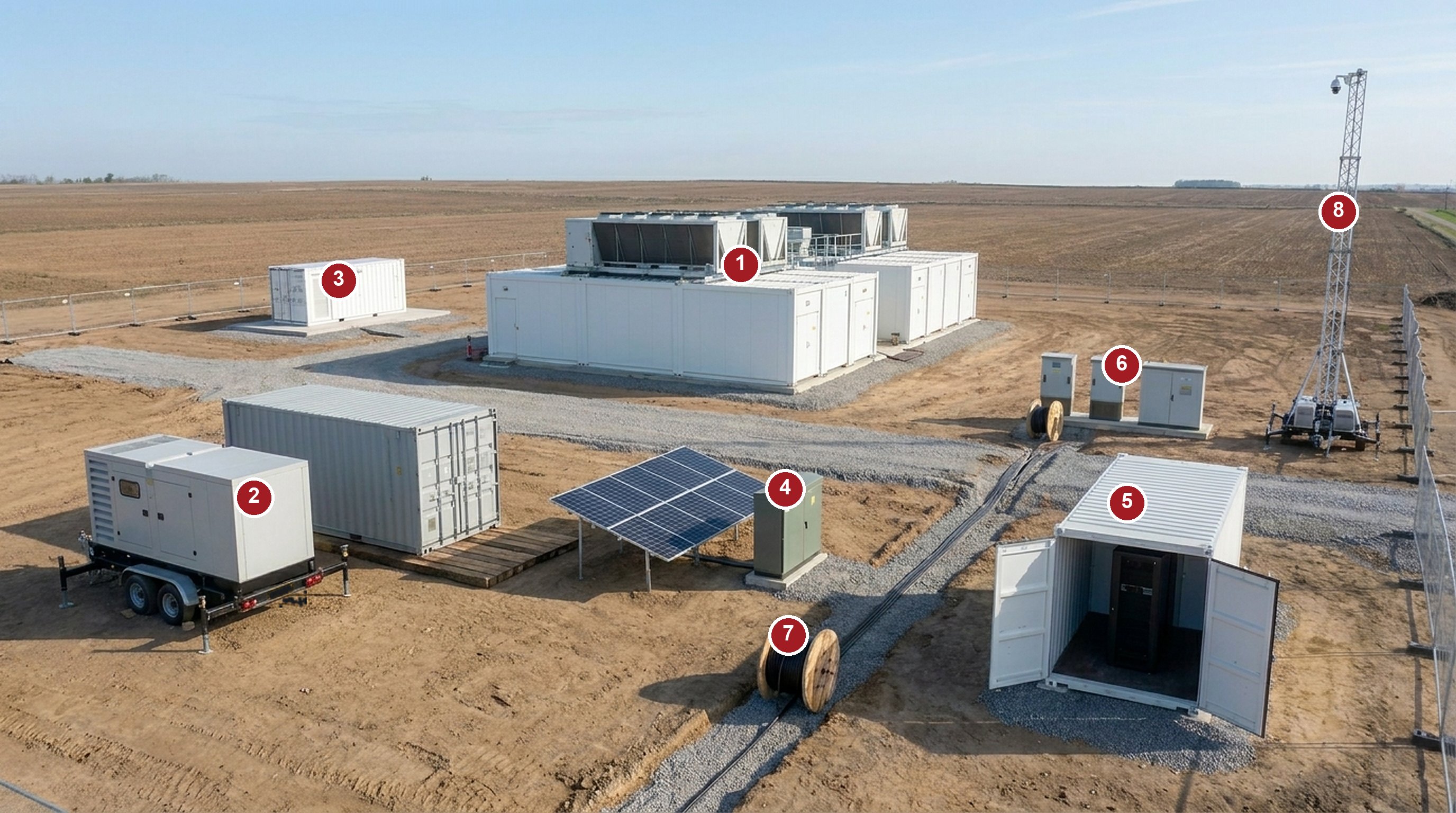 Anatomy of a FIBER OCEAN recovery site: prefabricated data center block, trailer and containerized generators, containerized battery storage, solar array with hybrid DC cabinet, equipment container with IT rack, weatherized cabinets, field fiber drum along the trench route, and a portable mast with camera on a temporary perimeter, with numbered callouts matching the table below