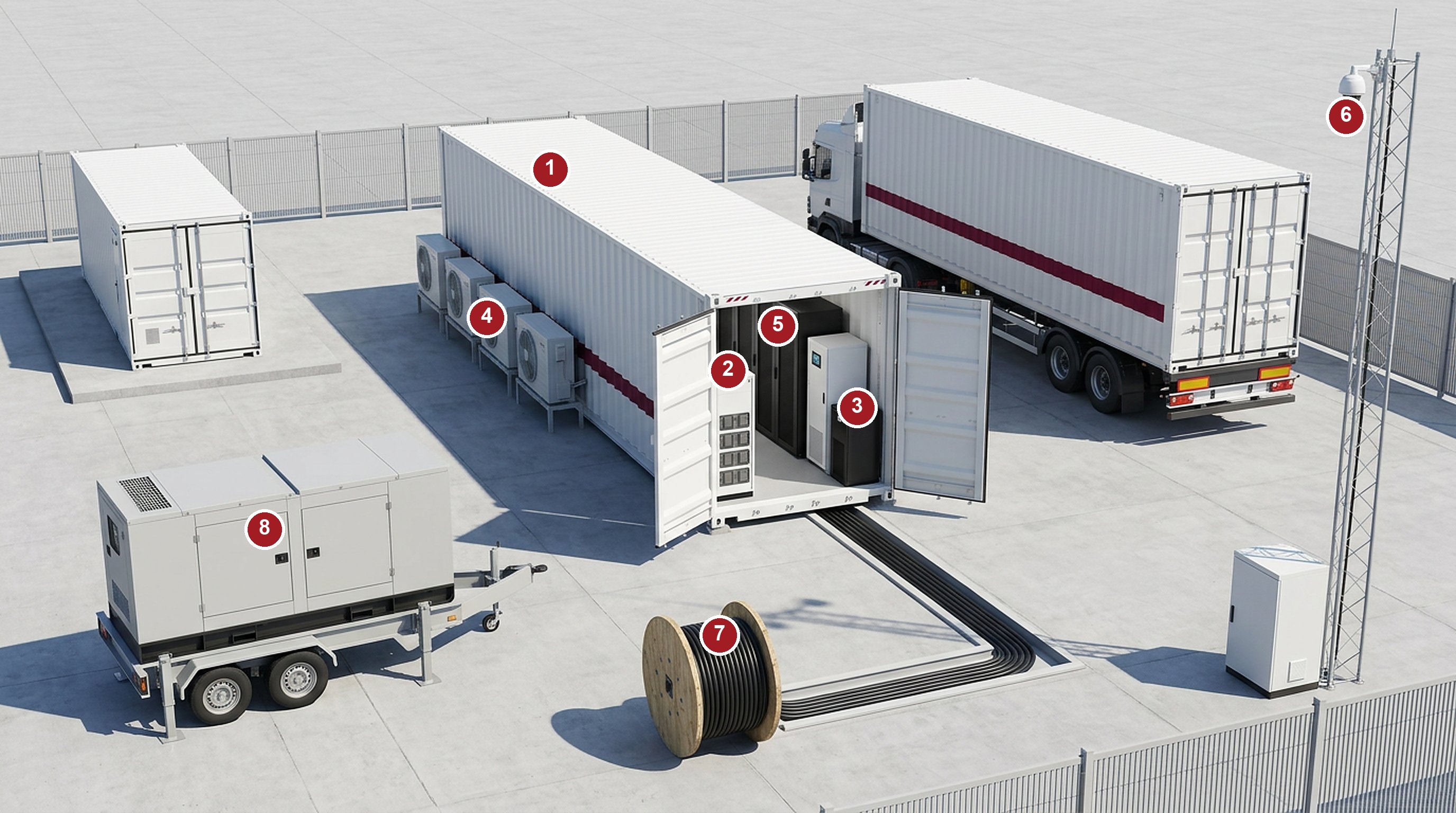Anatomy of a FIBER OCEAN DR container standby site: open container revealing racks, in-row cooling, modular UPS and battery cabinet, external condensers on the shell, a second container arriving by truck, trailer generator and containerized battery storage on the pad, field cable along the covered duct, and a communications mast with camera, with numbered callouts matching the table below