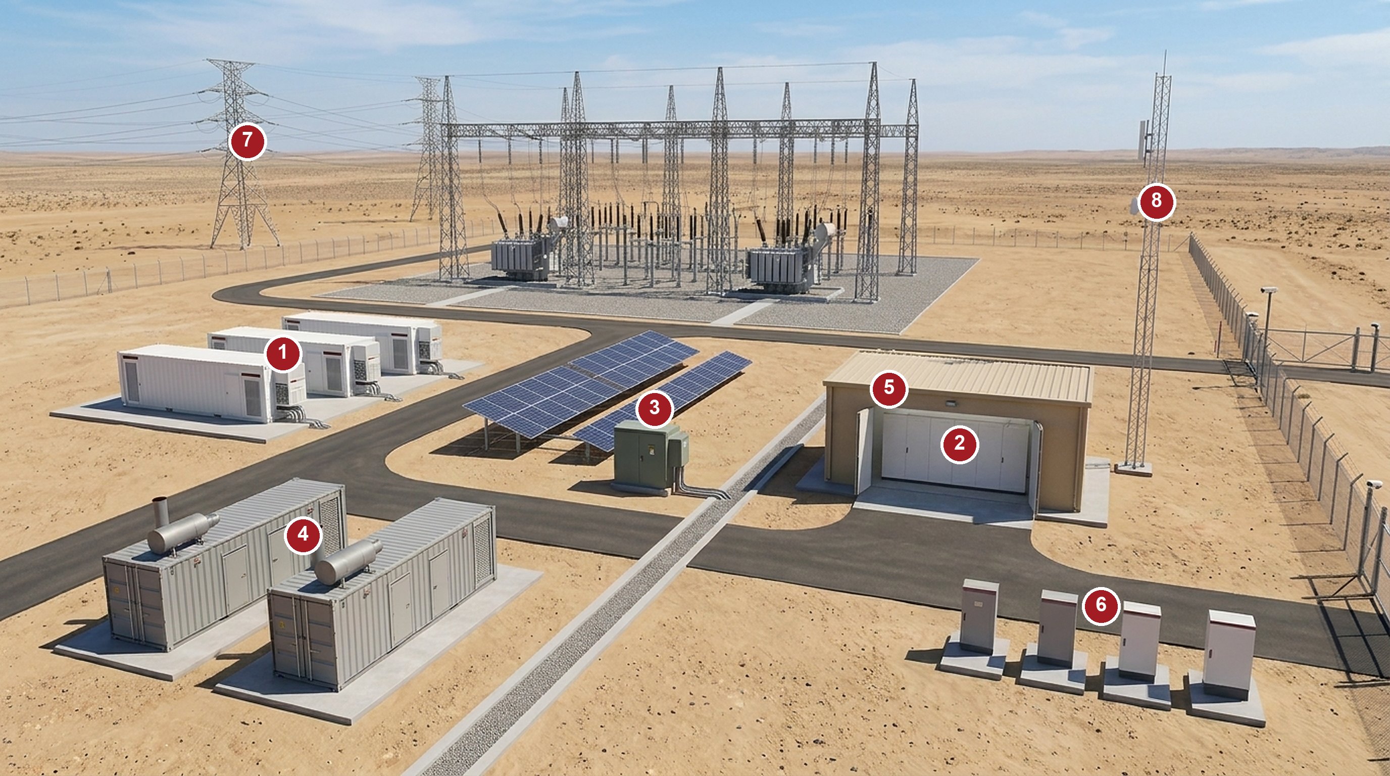 Anatomy of a FIBER OCEAN energy estate: containerized battery storage row, substation DC power in the control building, solar array with hybrid DC cabinet, containerized generator sets, outdoor equipment cabinets, power-line fiber leaving on the transmission towers, communications mast and secured perimeter, with numbered callouts matching the table below