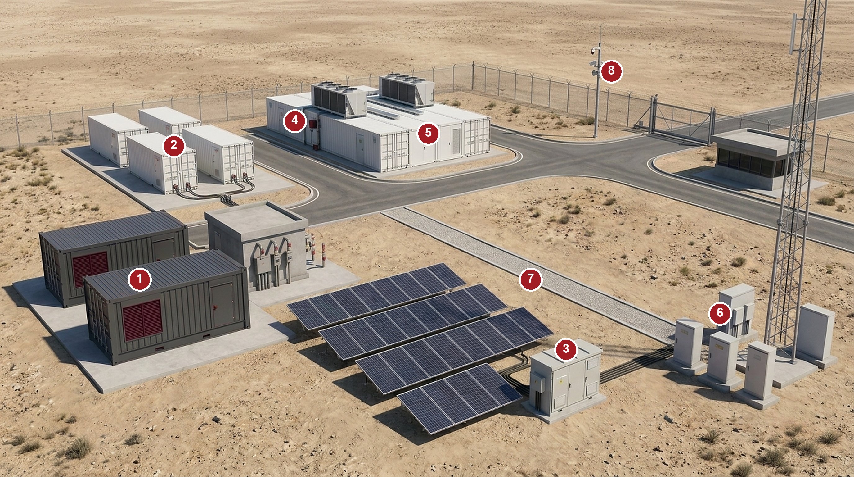 Anatomy of a FIBER OCEAN government program site: containerized high-voltage generation, battery energy storage containers, solar array with DC power cabinet, prefabricated data center modules, outdoor equipment cabinets by a communications mast, buried fiber route, and a secured perimeter with gate, camera and control building, with numbered callouts matching the table below
