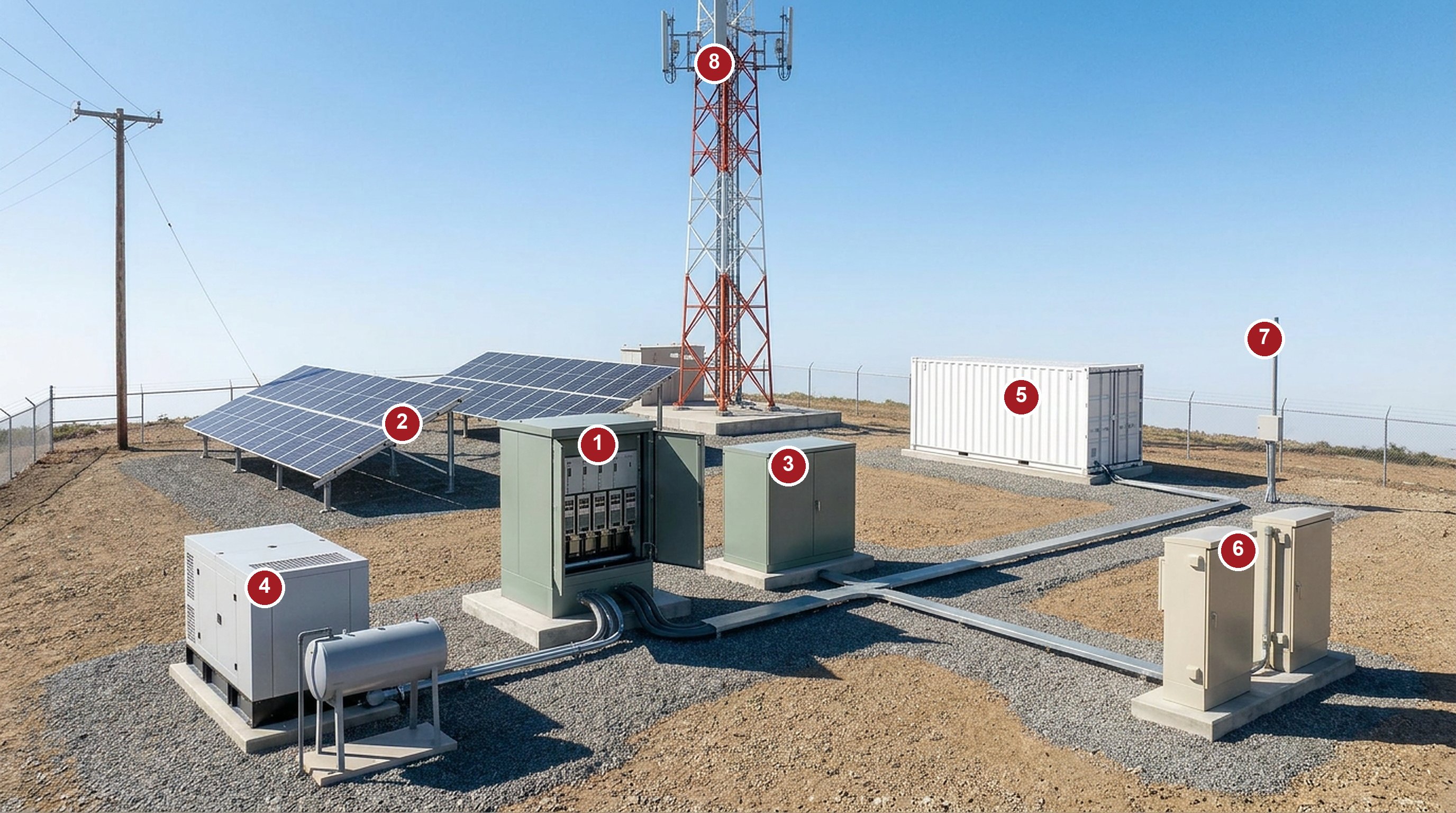Anatomy of a FIBER OCEAN hybrid site: solar array, hybrid DC power cabinet with rectifier slots, floating battery cabinet, silent generator canopy with fuel tank, containerized battery storage, weatherized cabinets, camera post and the grid line arriving on a pole, around a telecom tower, with numbered callouts matching the table below