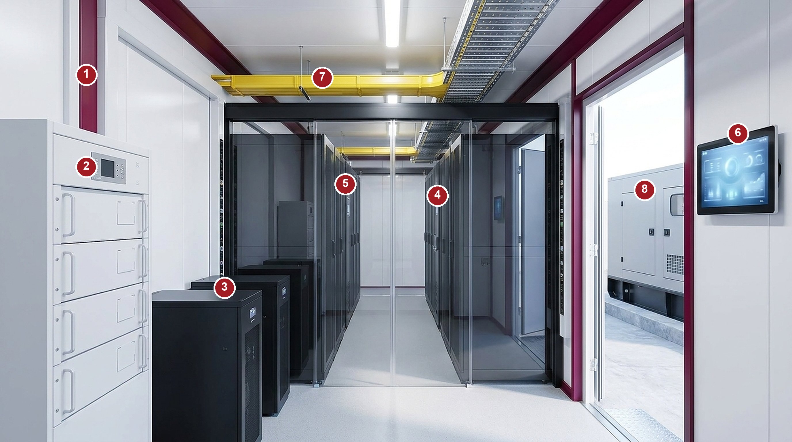 Anatomy of a FIBER OCEAN modular data center room: contained aisle with server cabinets and in-row cooling, modular UPS and battery cabinets by the entrance, monitoring screen on the wall, overhead fiber raceway and cable tray, smart PDUs in the racks, and a generator enclosure visible outside the module door, with numbered callouts matching the table below