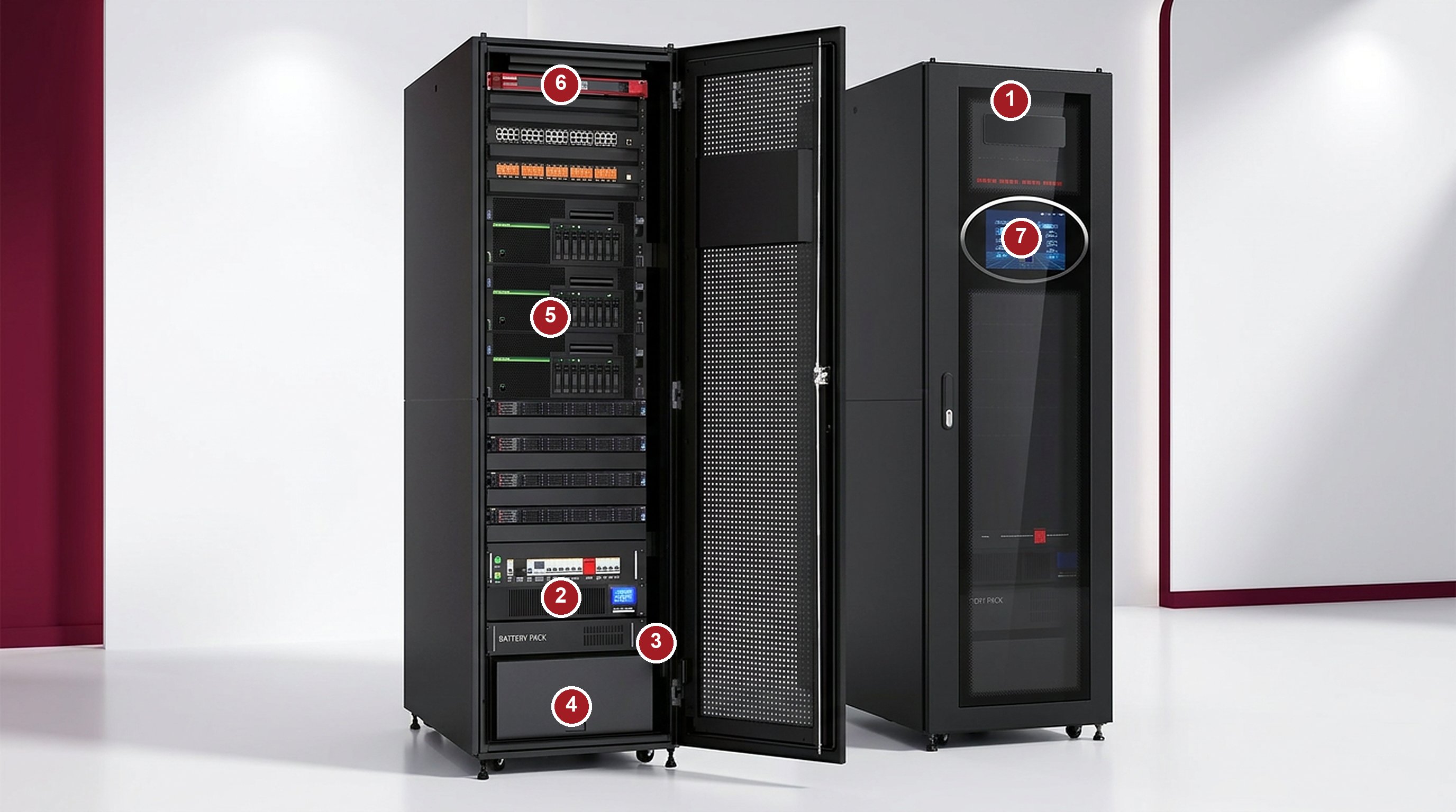 Anatomy of a FIBER OCEAN micro data center: open I-Rack smart cabinet showing the monitoring unit, rack-mount cooling, rack UPS, battery units, smart PDU strips and the gas fire-suppression unit, with the door-mounted touchscreen, beside a second closed cabinet, with numbered callouts matching the table below