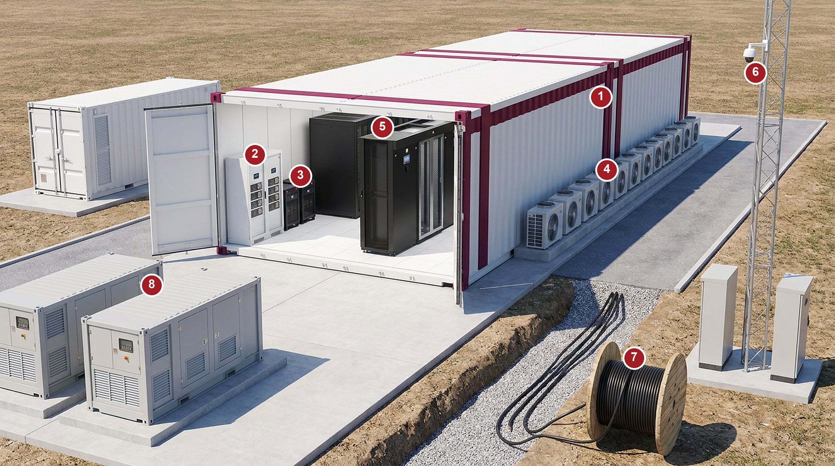 Anatomy of a FIBER OCEAN prefab container data center pad: joined white container modules with one open end showing racks, in-row cooling, modular UPS and battery cabinets inside, external cooling condensers along the building, containerized generators and battery storage on the pad, field cable drum along the trench route, and a communications mast with camera, with numbered callouts matching the table below