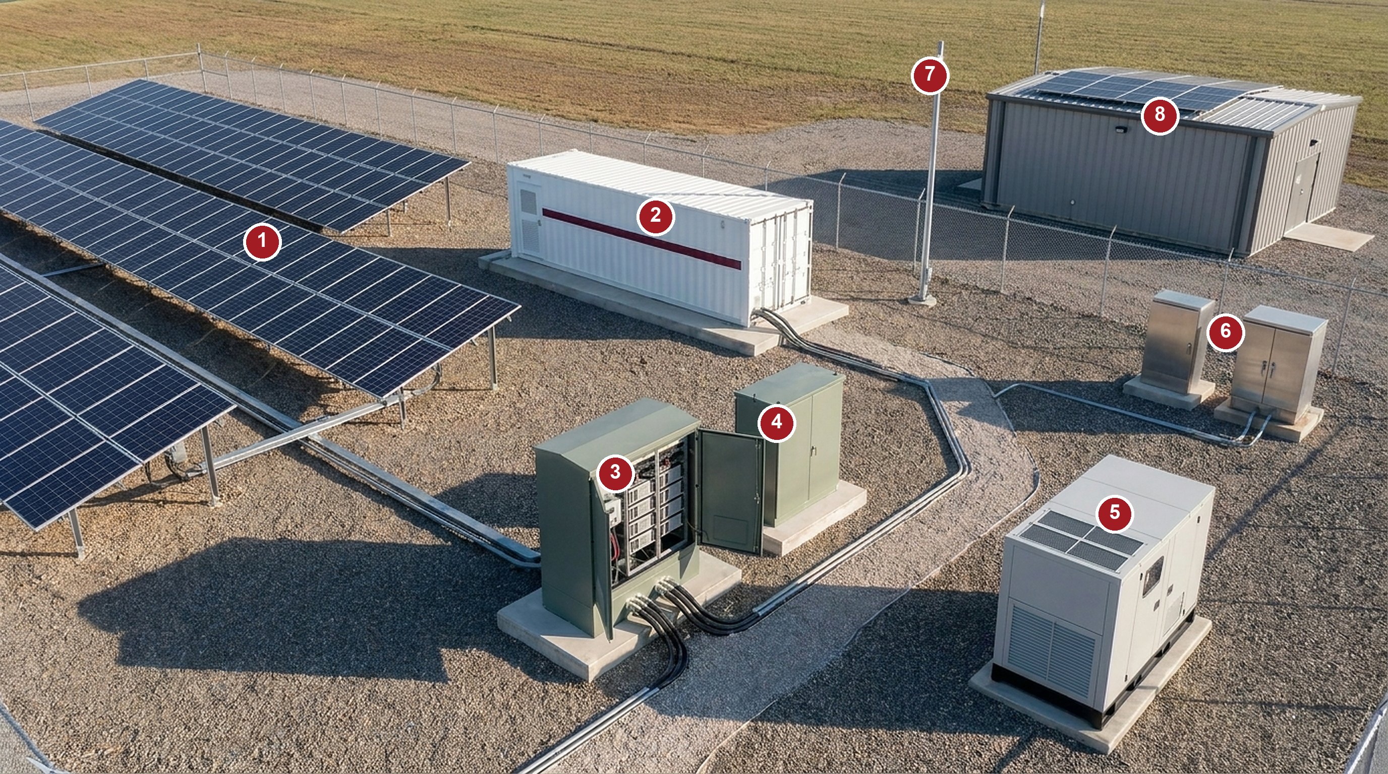 Anatomy of a FIBER OCEAN solar site: ground-mounted array, EnergyGuard storage container, solar-native DC power cabinet with rectifier slots, floating battery cabinet, silent generator, weatherized cabinets, camera post and a rooftop-solar building with its antenna mast, with numbered callouts matching the table below