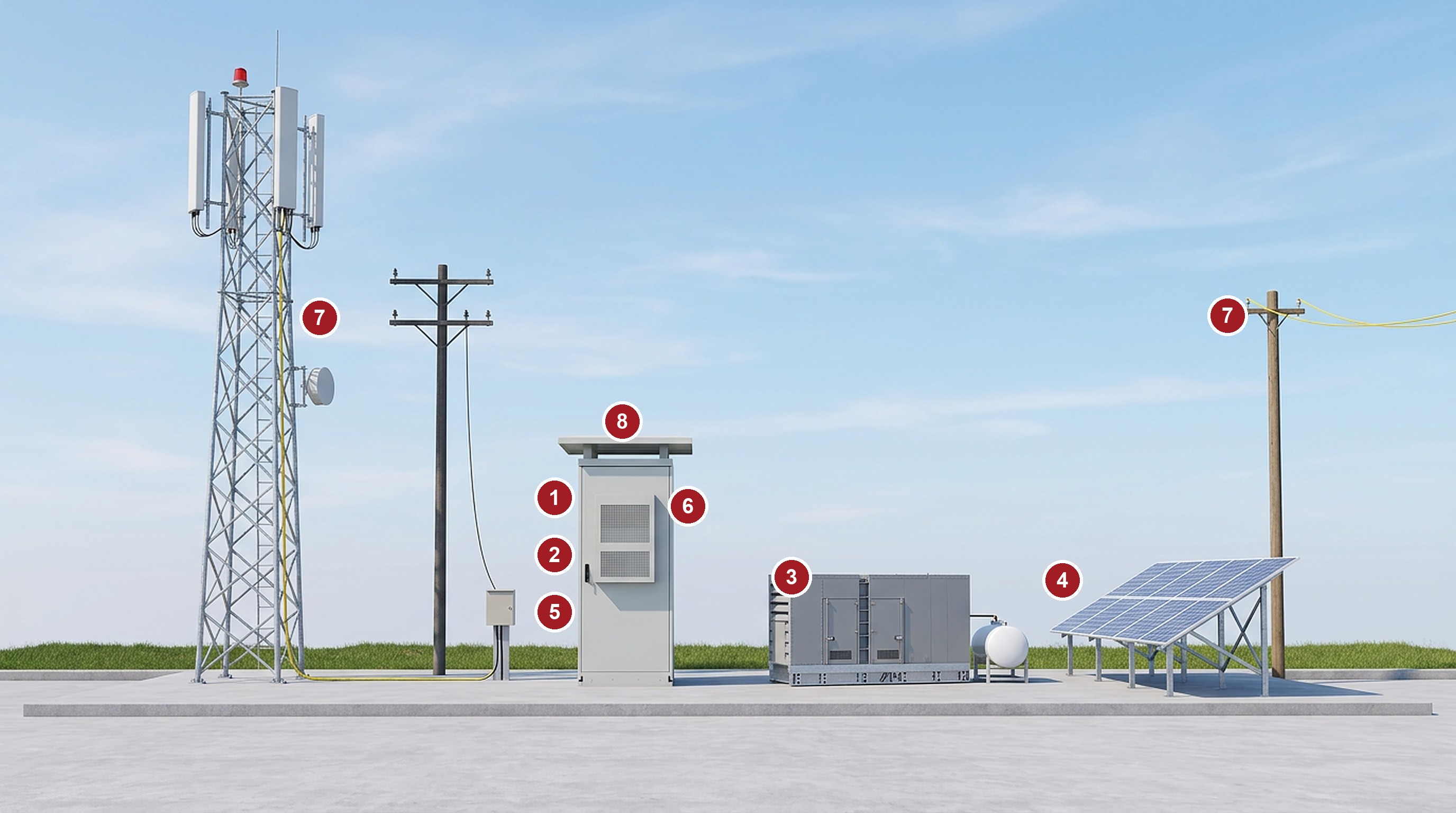 Anatomy of a FIBER OCEAN telecom site: tower with fronthaul fiber and warning light, grid feed, outdoor cabinet housing the rectifier plant, batteries and FSU, silent genset with fuel tank, solar input and fiber backhaul, with numbered callouts matching the table below